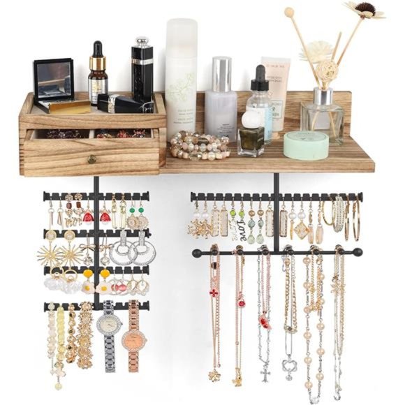 Jewelry Organizer Hanging Wall Mounted Jewelry Holder with Rustic Wood Drawer - Picture 1 of 7